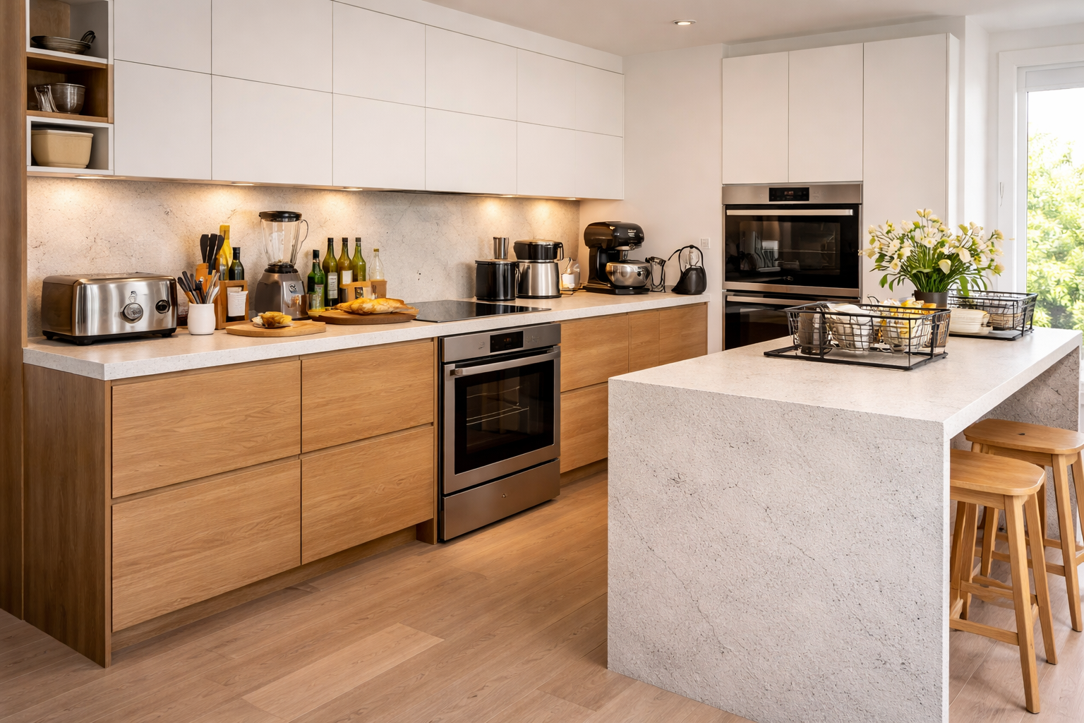 Modern stylish kitchen with cluttered countertops full of small appliances and utensils due to limited wall cabinet storage in contemporary interior design.