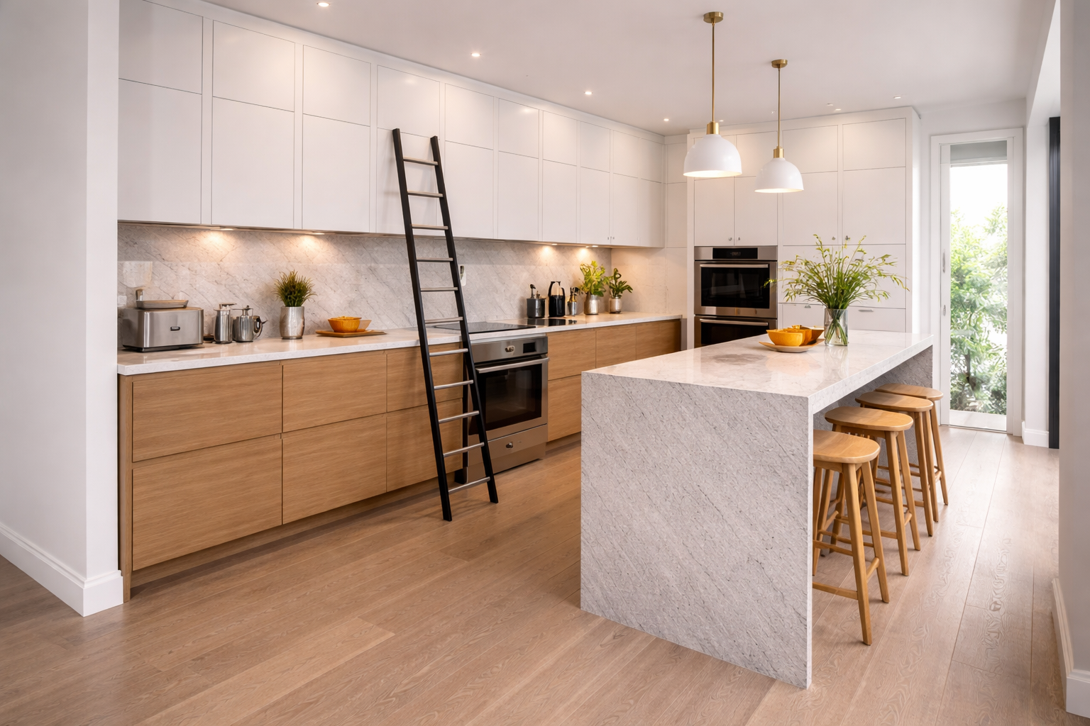 Ultra-modern luxury kitchen with very high wall cabinets requiring ladder access and narrow walkway around island, stylish but impractical interior layout.