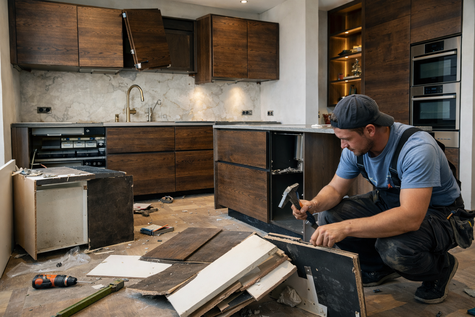 Kitchen installer struggling with damaged cabinet units and messy installation site in a modern dark wood kitchen, tools and broken panels scattered across the floor.