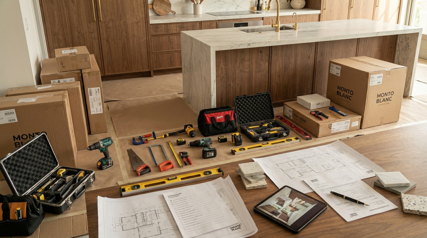 Preparation before start Neatly arranged installation tools and boxed cabinetry components beside protective floor coverings in a high end home.