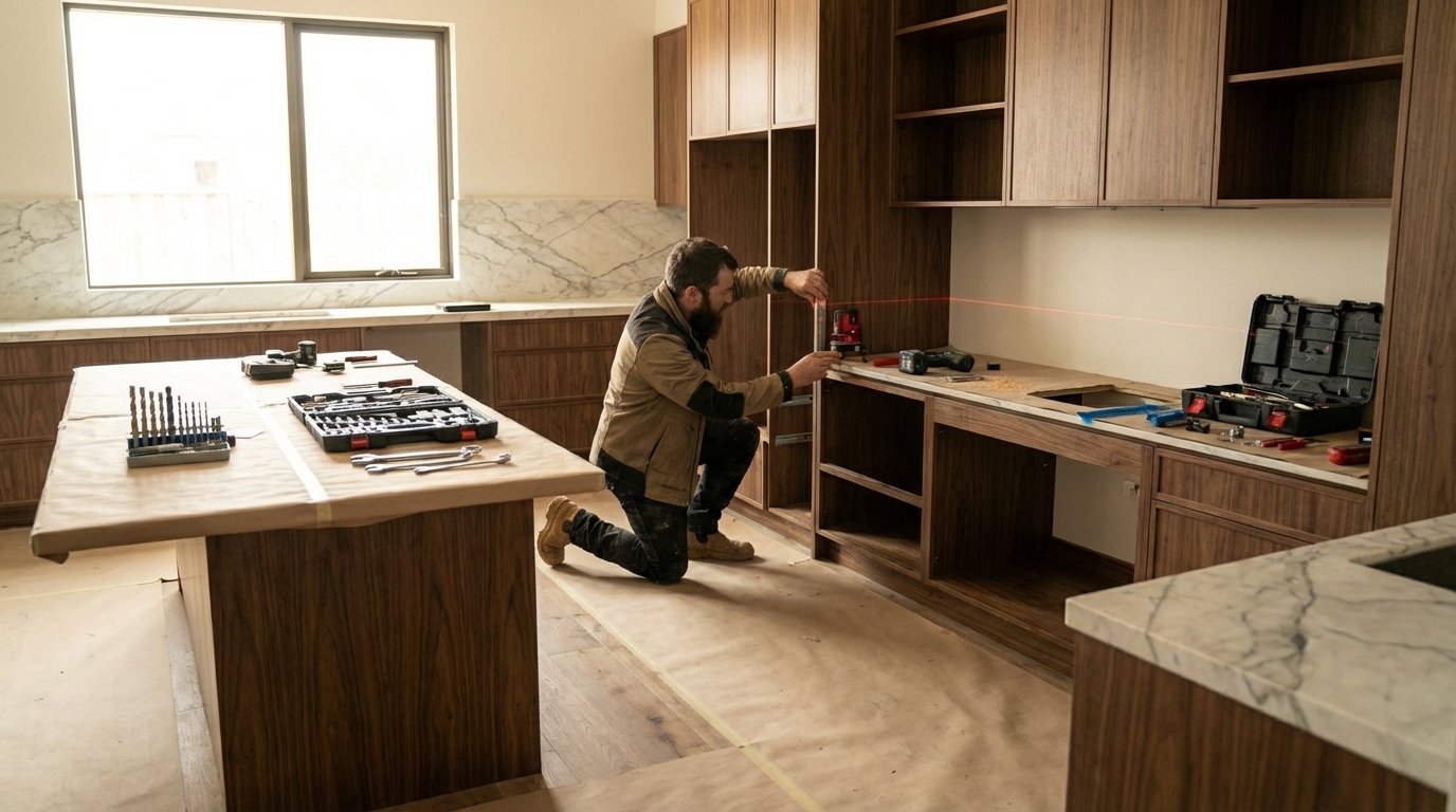 Clean workspace Spotless kitchen installation area with floor protection sheets and neatly placed tools in bright natural light.