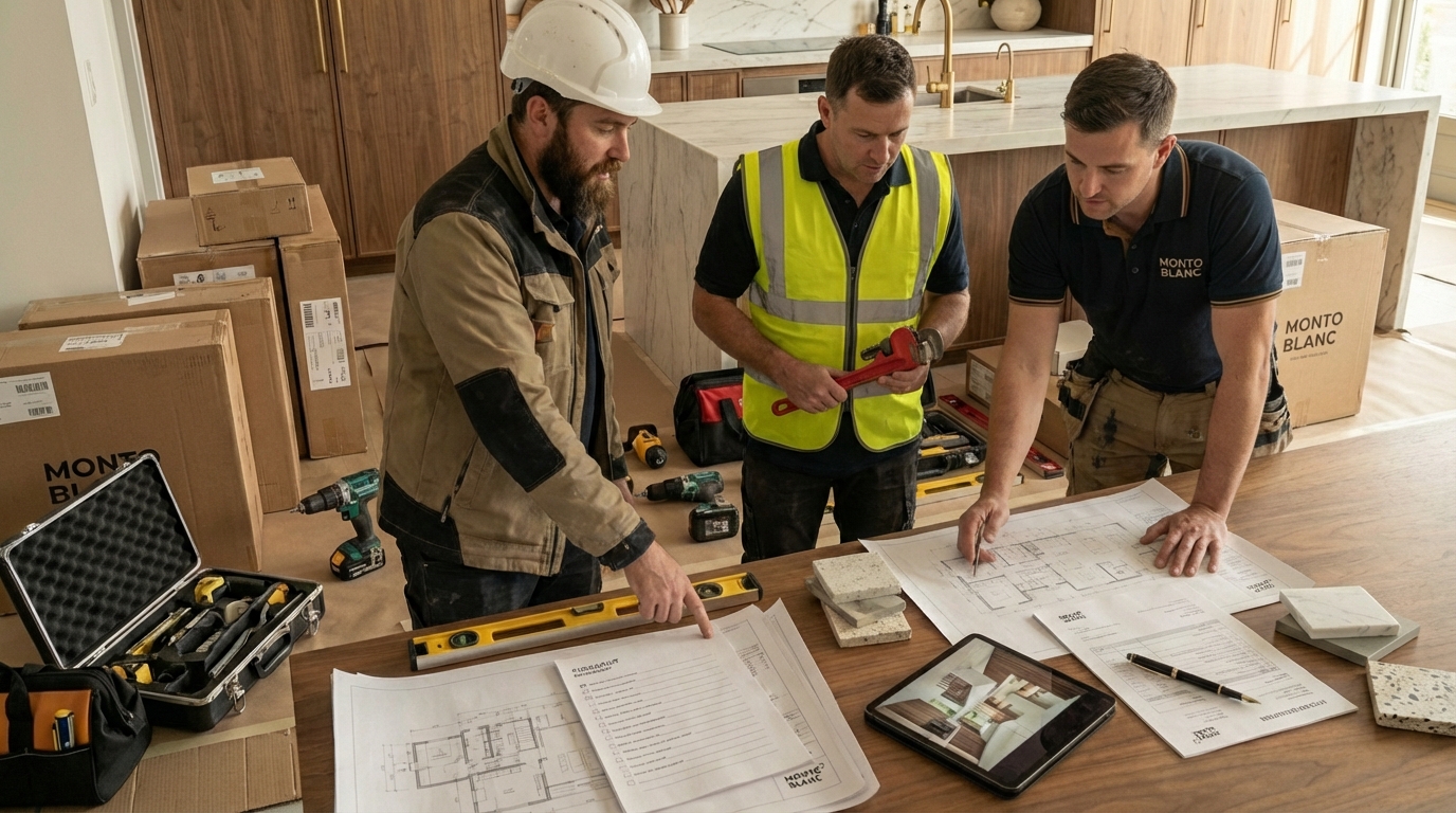 Tradespeople review Installer, electrician and plumber reviewing kitchen plans together on site during a luxury home renovation.