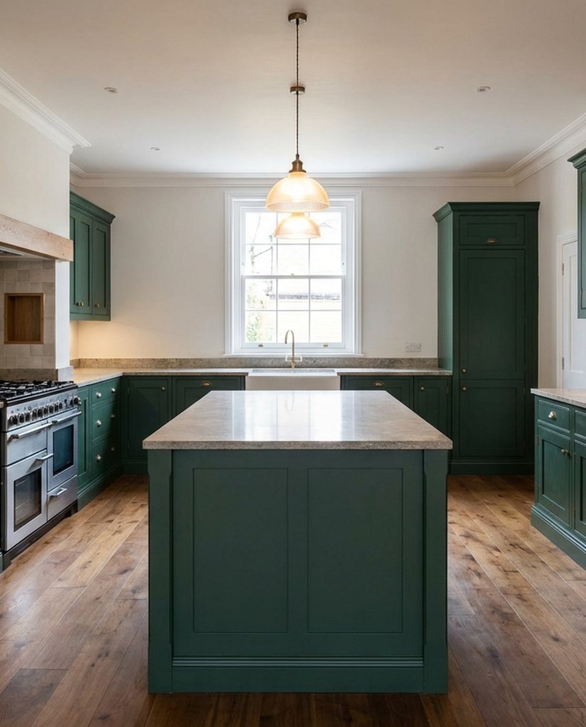Traditional shaker kitchen in forest green with range cooker and stone worktops