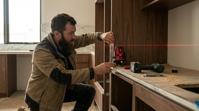 Craftsman fitting kitchen cabinets using a laser level, focused on hands and tools for precise alignment.