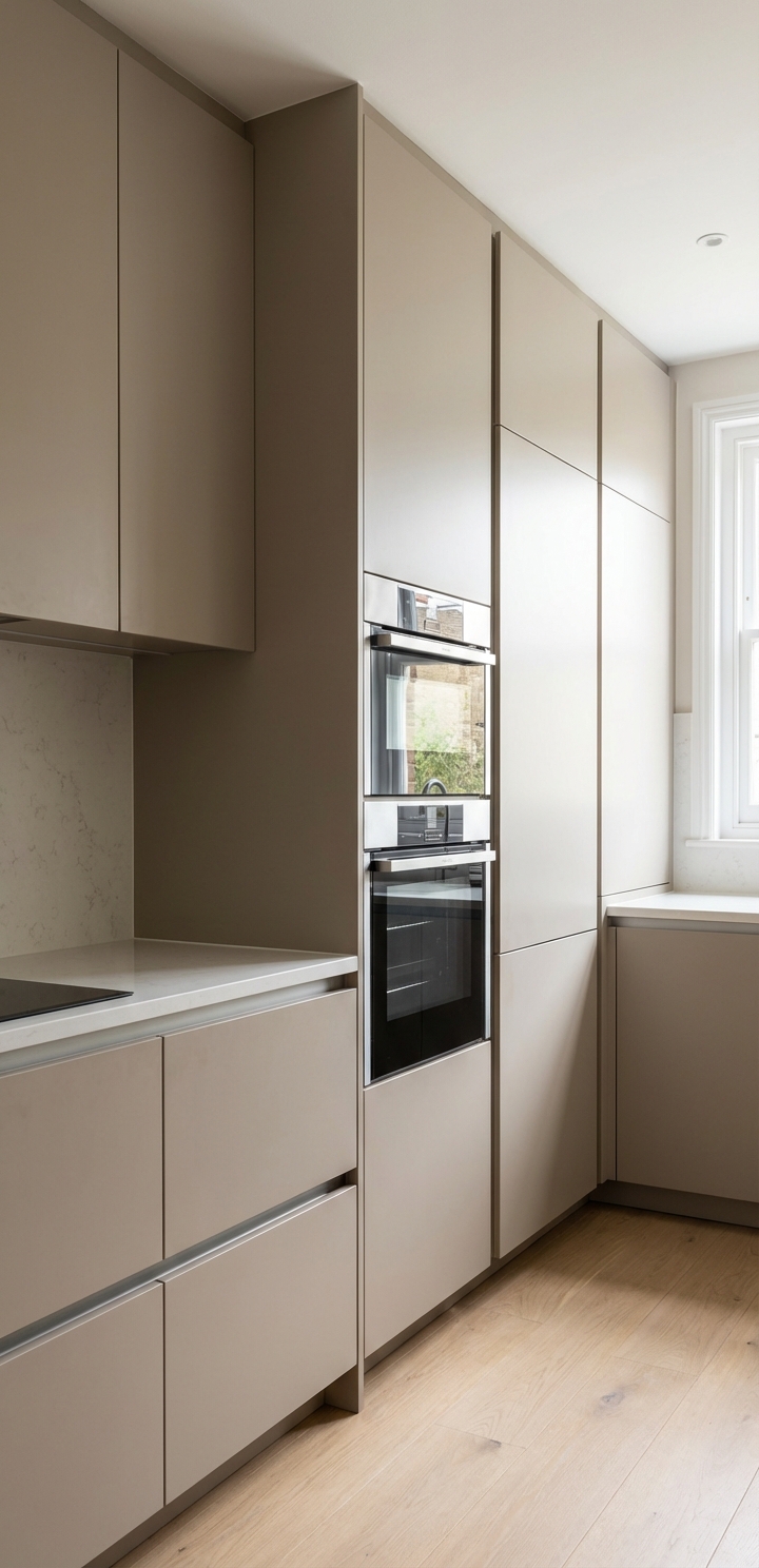 Seamless integrated fridge freezer within tall kitchen units, fitted with precise alignment