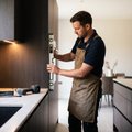 Professional kitchen fitter checking a dark wood cabinet is level with a spirit level, laser measure and drill laid out on the marble worktop of a modern kitchen installation
