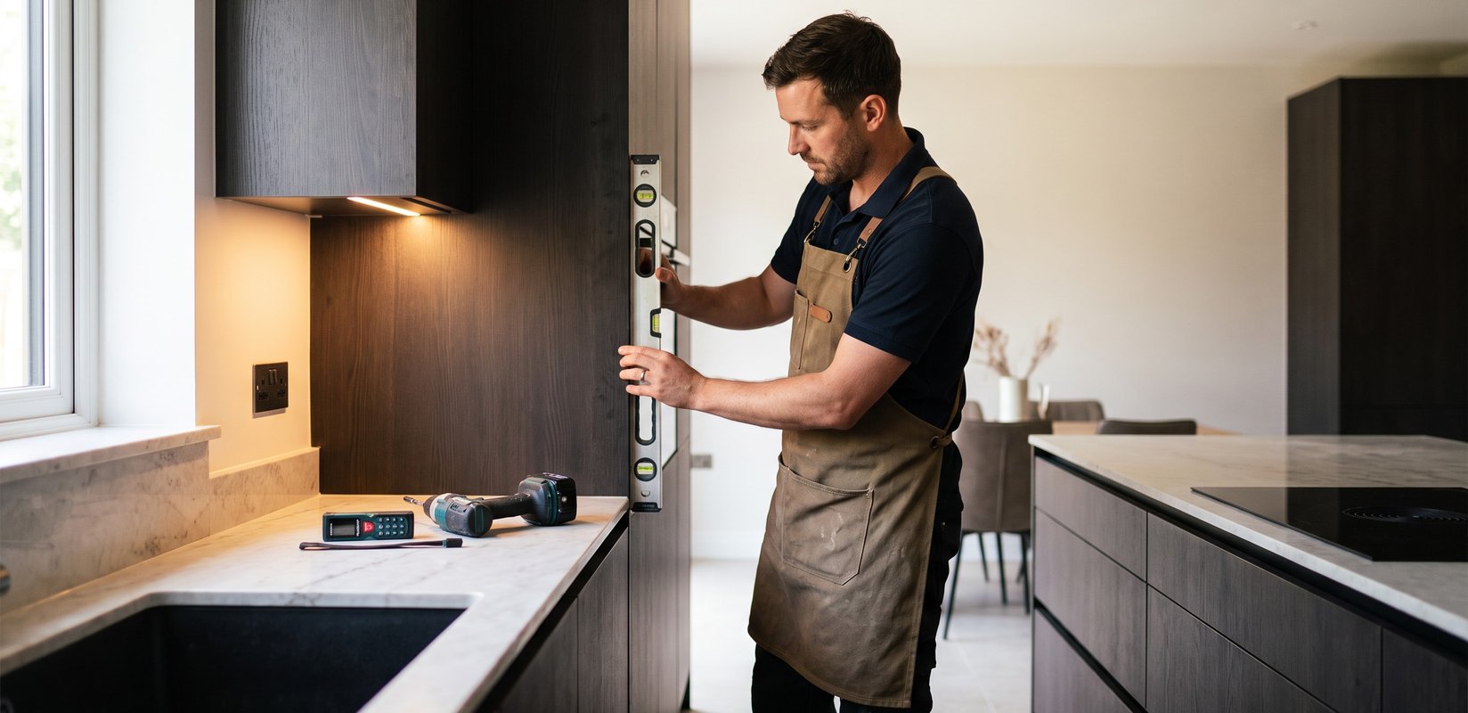 Professional kitchen fitter checking a dark wood cabinet is level with a spirit level, laser measure and drill laid out on the marble worktop of a modern kitchen installation