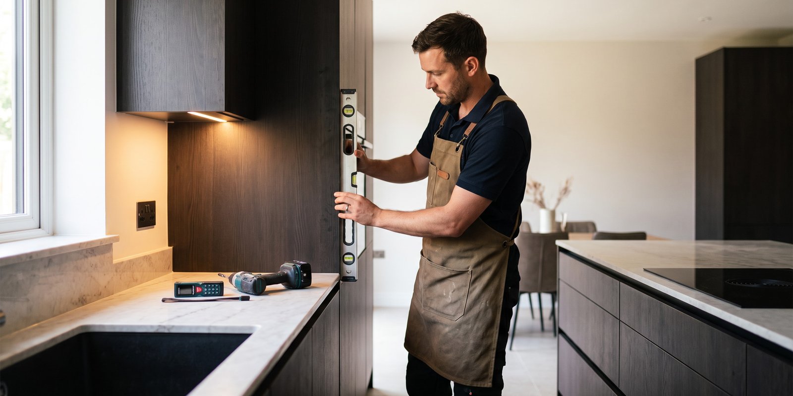 Professional kitchen fitter checking a dark wood cabinet is level with a spirit level, laser measure and drill laid out on the marble worktop of a modern kitchen installation