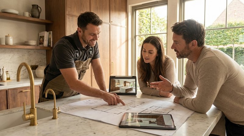 Kitchen installer discussing plans with clients at a modern table, with drawings and a tablet visible in a bright home.