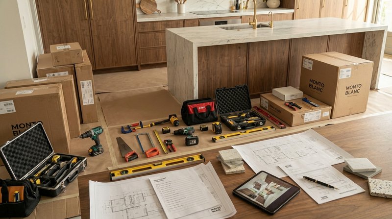Neatly arranged installation tools and boxed cabinetry components beside protective floor coverings before work begins.