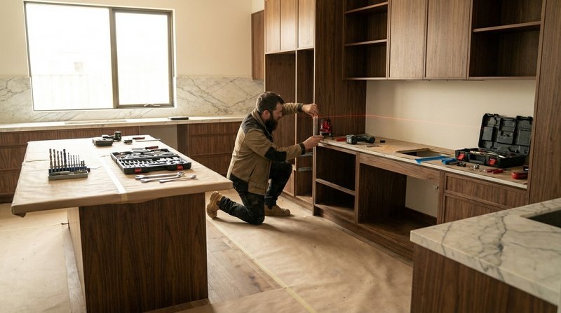 Clean kitchen installation area with floor protection sheets and neatly placed tools in natural light.
