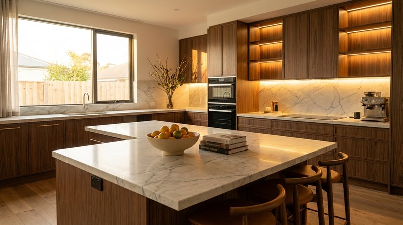 Finished kitchen at sunset with warm ambient lighting, glowing surfaces and integrated appliances.