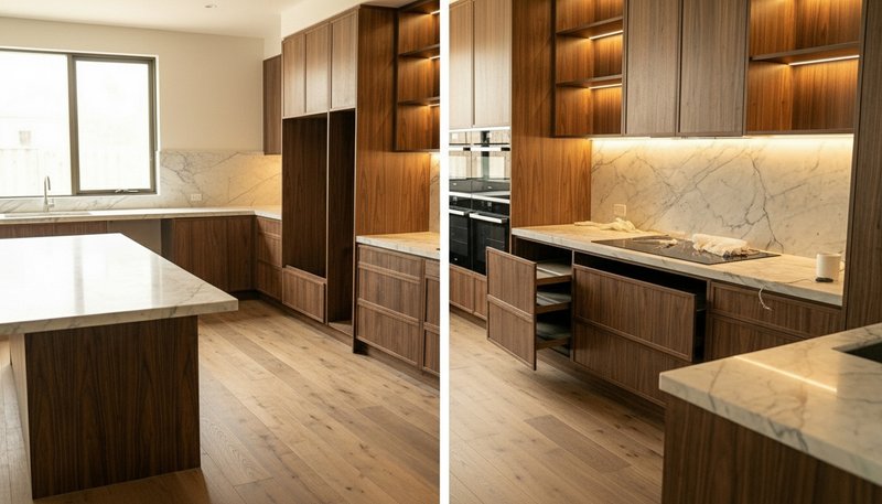 Side by side comparison of a well installed kitchen versus poorly aligned cabinets showing clear workmanship differences.