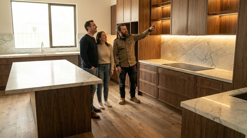 Installer showing the finished kitchen to happy clients, pointing out lighting and cabinetry details.