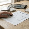 Close up of hands reviewing a detailed kitchen quotation beside a pen, tablet and worktop samples on a table