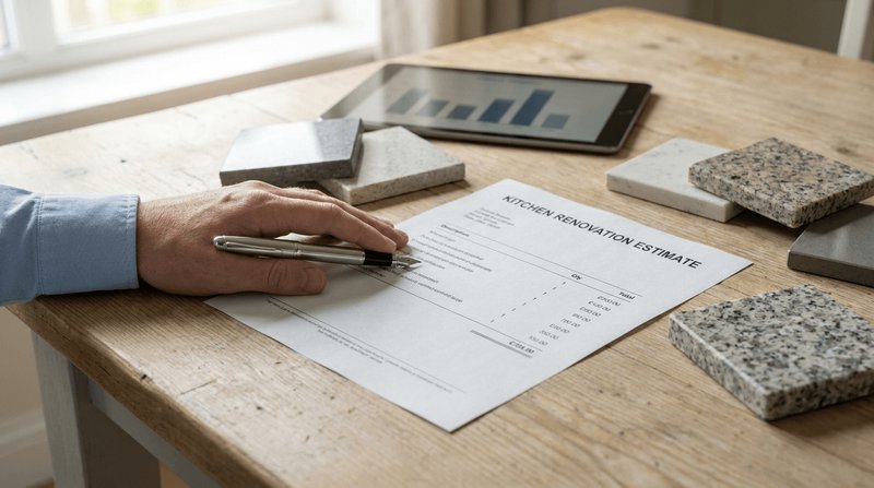 Reviewing a detailed, itemised quote Close up of hands reviewing a detailed kitchen quotation beside a pen, tablet and worktop samples on a table.