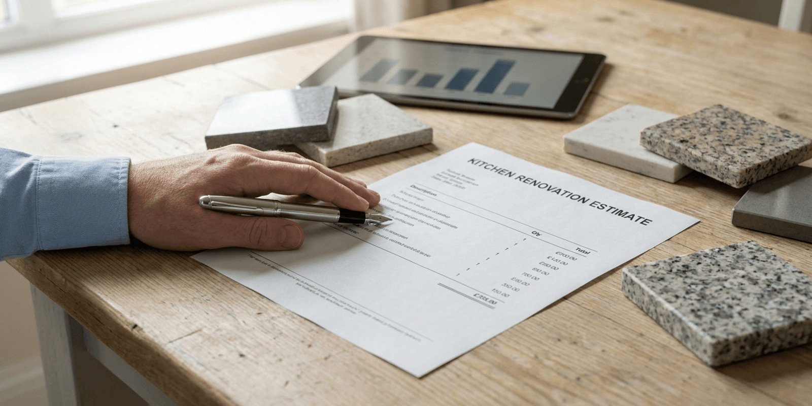 Close up of hands reviewing a detailed kitchen quotation beside a pen, tablet and worktop samples on a table
