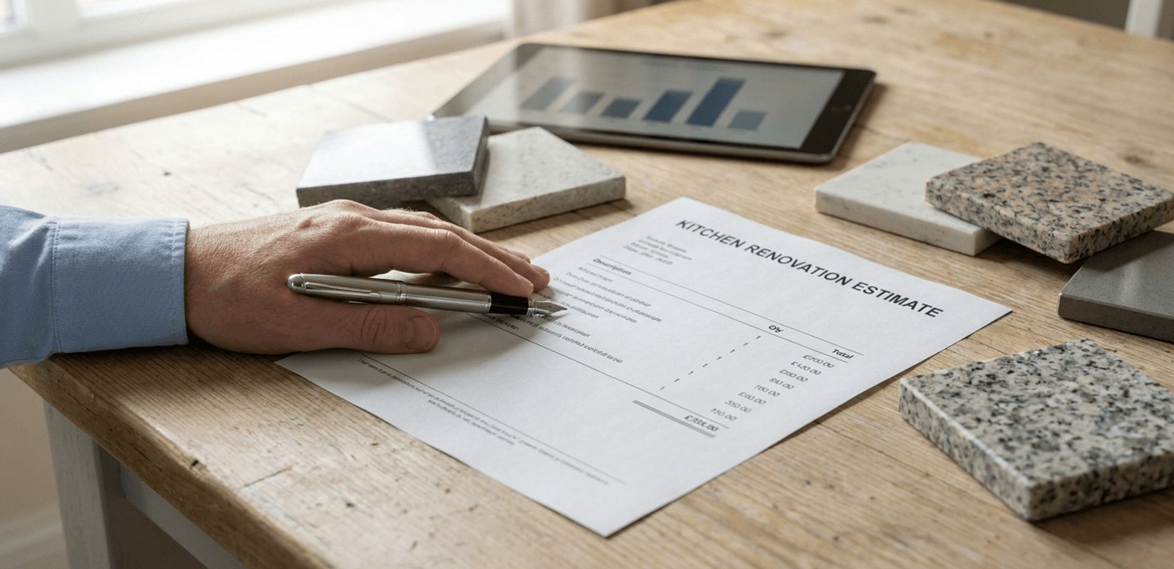 Close up of hands reviewing a detailed kitchen quotation beside a pen, tablet and worktop samples on a table