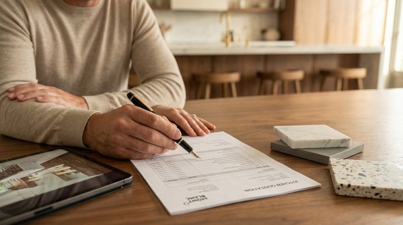 Close up of hands reviewing a detailed kitchen quotation beside a pen, tablet and worktop samples on a table.